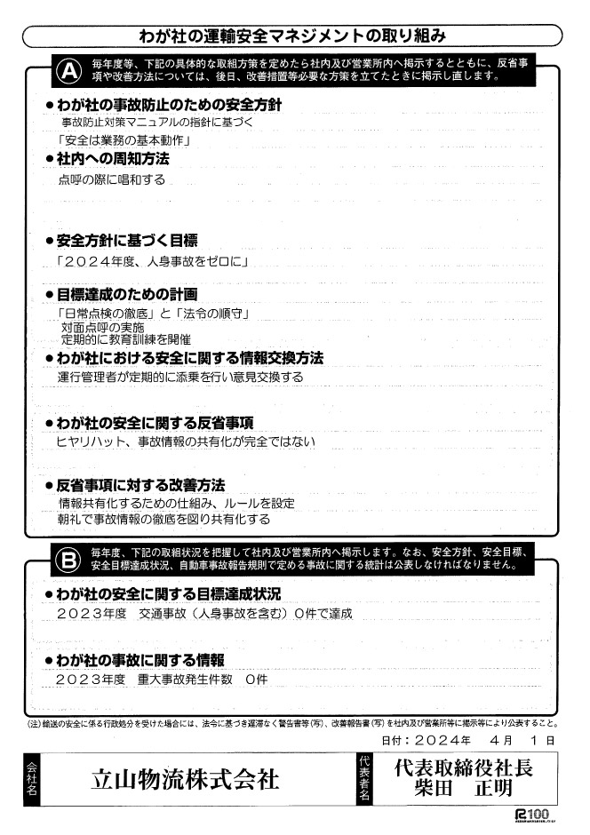 運輸安全マネジメントの取り組み結果